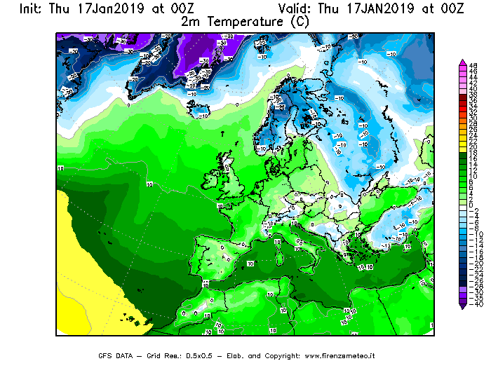 Mappa di analisi GFS - Temperatura a 2 metri dal suolo [°C] in Europa
							del 17/01/2019 00 <!--googleoff: index-->UTC<!--googleon: index-->