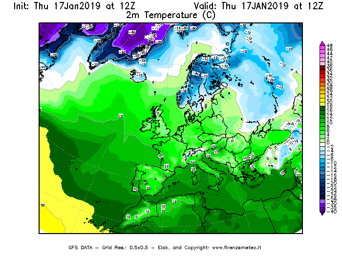 Mappa di analisi GFS - Temperatura a 2 metri dal suolo [°C] in Europa
							del 17/01/2019 12 <!--googleoff: index-->UTC<!--googleon: index-->