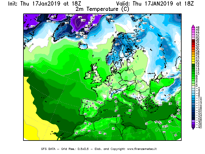 Mappa di analisi GFS - Temperatura a 2 metri dal suolo [°C] in Europa
							del 17/01/2019 18 <!--googleoff: index-->UTC<!--googleon: index-->