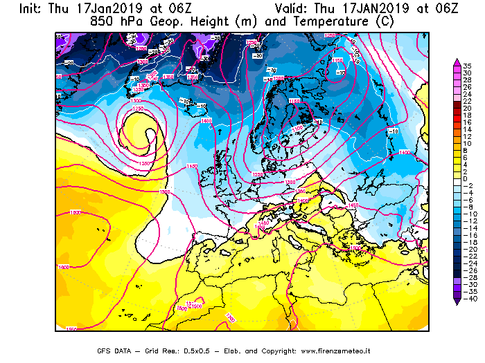Mappa di analisi GFS - Geopotenziale [m] e Temperatura [°C] a 850 hPa in Europa
							del 17/01/2019 06 <!--googleoff: index-->UTC<!--googleon: index-->