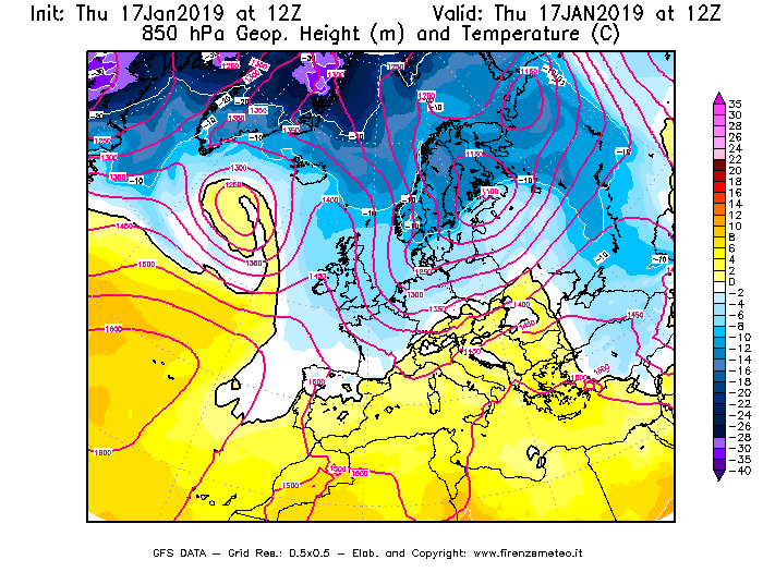 Mappa di analisi GFS - Geopotenziale [m] e Temperatura [°C] a 850 hPa in Europa
							del 17/01/2019 12 <!--googleoff: index-->UTC<!--googleon: index-->