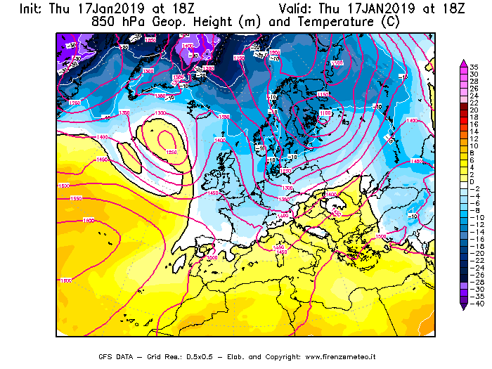 Mappa di analisi GFS - Geopotenziale [m] e Temperatura [°C] a 850 hPa in Europa
									del 17/01/2019 18 <!--googleoff: index-->UTC<!--googleon: index-->