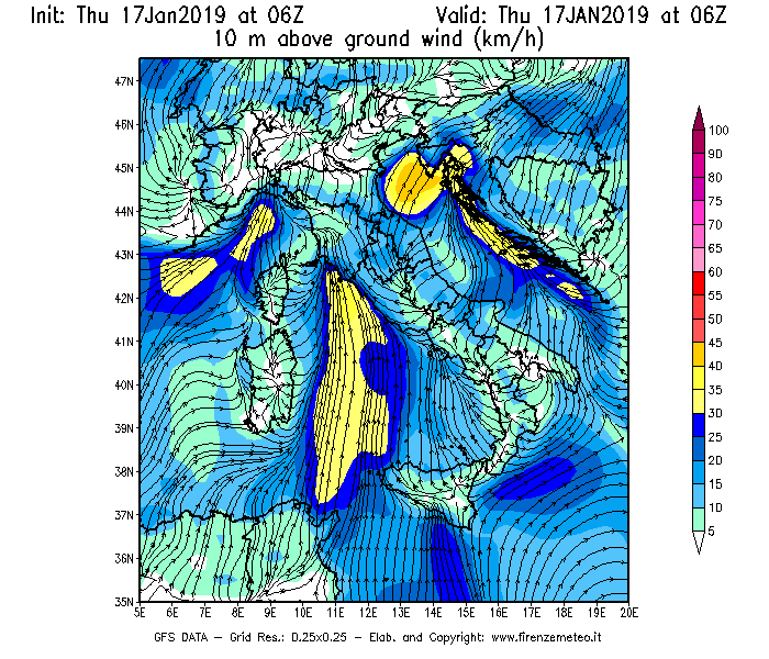 Mappa di analisi GFS - Velocità del vento a 10 metri dal suolo [km/h] in Italia
									del 17/01/2019 06 <!--googleoff: index-->UTC<!--googleon: index-->