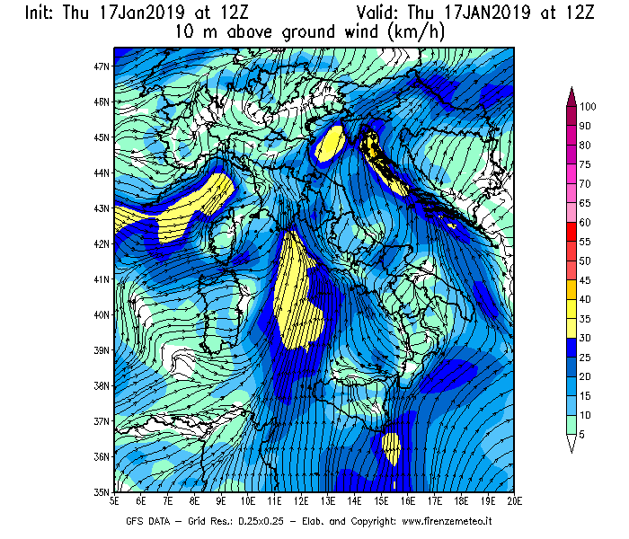 Mappa di analisi GFS - Velocità del vento a 10 metri dal suolo [km/h] in Italia
							del 17/01/2019 12 <!--googleoff: index-->UTC<!--googleon: index-->