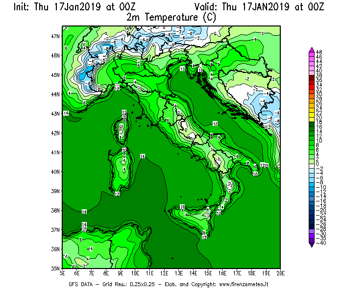 Mappa di analisi GFS - Temperatura a 2 metri dal suolo [°C] in Italia
									del 17/01/2019 00 <!--googleoff: index-->UTC<!--googleon: index-->