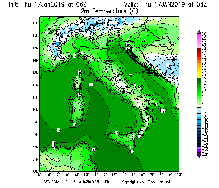 Mappa di analisi GFS - Temperatura a 2 metri dal suolo [°C] in Italia
									del 17/01/2019 06 <!--googleoff: index-->UTC<!--googleon: index-->