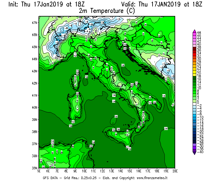Mappa di analisi GFS - Temperatura a 2 metri dal suolo [°C] in Italia
									del 17/01/2019 18 <!--googleoff: index-->UTC<!--googleon: index-->
