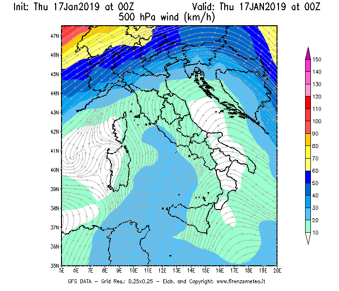 Mappa di analisi GFS - Velocità del vento a 500 hPa [km/h] in Italia
							del 17/01/2019 00 <!--googleoff: index-->UTC<!--googleon: index-->