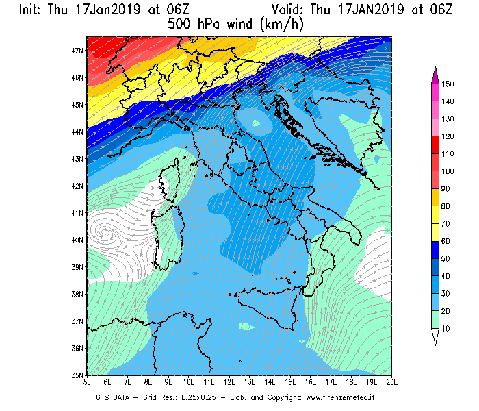 Mappa di analisi GFS - Velocità del vento a 500 hPa [km/h] in Italia
									del 17/01/2019 06 <!--googleoff: index-->UTC<!--googleon: index-->