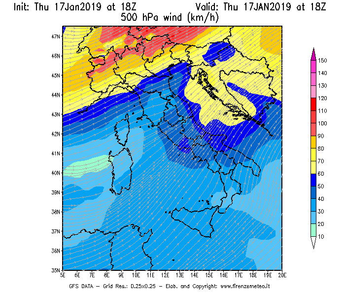 Mappa di analisi GFS - Velocità del vento a 500 hPa [km/h] in Italia
									del 17/01/2019 18 <!--googleoff: index-->UTC<!--googleon: index-->