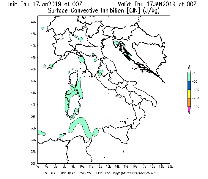 Mappa di analisi GFS - CIN [J/kg] in Italia
							del 17/01/2019 00 <!--googleoff: index-->UTC<!--googleon: index-->