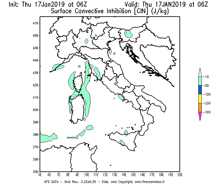 Mappa di analisi GFS - CIN [J/kg] in Italia
							del 17/01/2019 06 <!--googleoff: index-->UTC<!--googleon: index-->