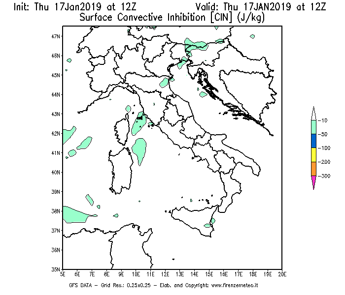 Mappa di analisi GFS - CIN [J/kg] in Italia
							del 17/01/2019 12 <!--googleoff: index-->UTC<!--googleon: index-->