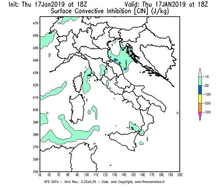 Mappa di analisi GFS - CIN [J/kg] in Italia
									del 17/01/2019 18 <!--googleoff: index-->UTC<!--googleon: index-->