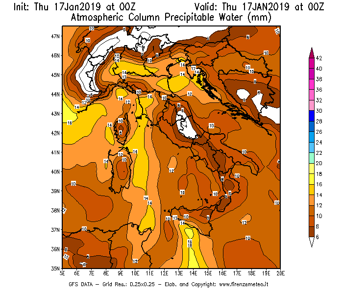 Mappa di analisi GFS - Precipitable Water [mm] in Italia
									del 17/01/2019 00 <!--googleoff: index-->UTC<!--googleon: index-->