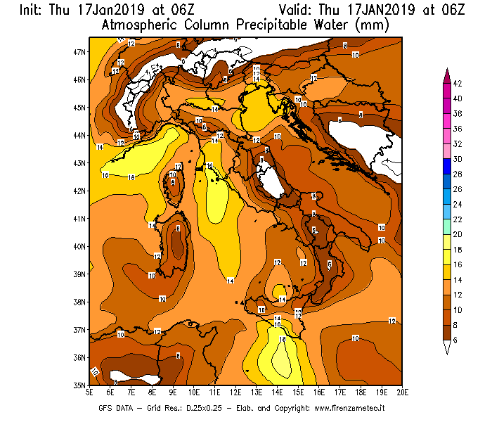 Mappa di analisi GFS - Precipitable Water [mm] in Italia
							del 17/01/2019 06 <!--googleoff: index-->UTC<!--googleon: index-->
