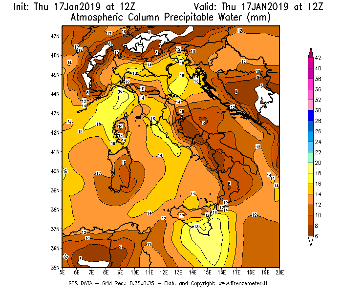 Mappa di analisi GFS - Precipitable Water [mm] in Italia
							del 17/01/2019 12 <!--googleoff: index-->UTC<!--googleon: index-->