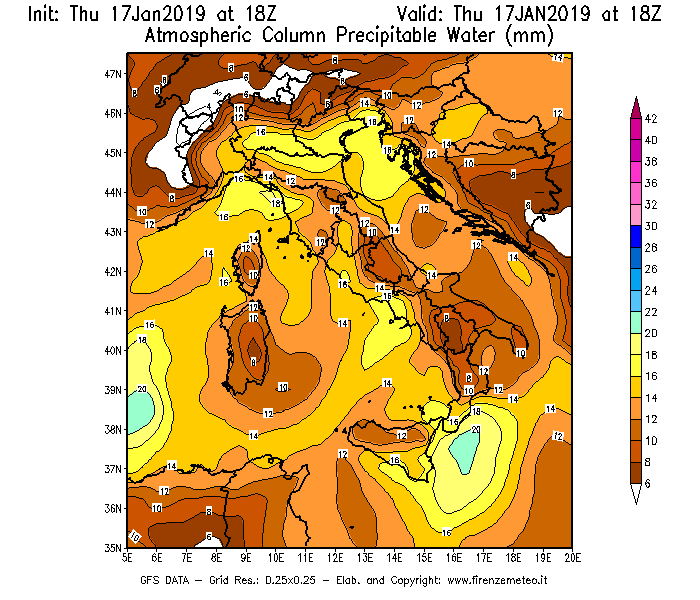 Mappa di analisi GFS - Precipitable Water [mm] in Italia
							del 17/01/2019 18 <!--googleoff: index-->UTC<!--googleon: index-->