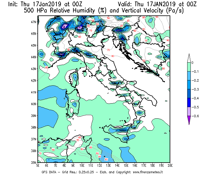 Mappa di analisi GFS - Umidità relativa [%] e Omega [Pa/s] a 500 hPa in Italia
									del 17/01/2019 00 <!--googleoff: index-->UTC<!--googleon: index-->