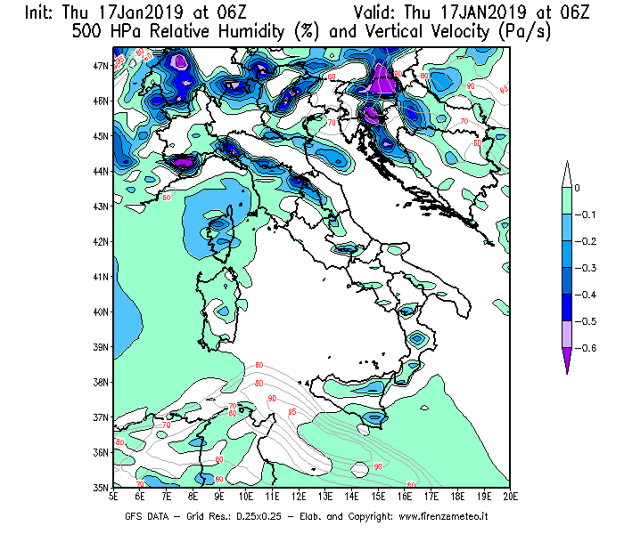 Mappa di analisi GFS - Umidità relativa [%] e Omega [Pa/s] a 500 hPa in Italia
									del 17/01/2019 06 <!--googleoff: index-->UTC<!--googleon: index-->
