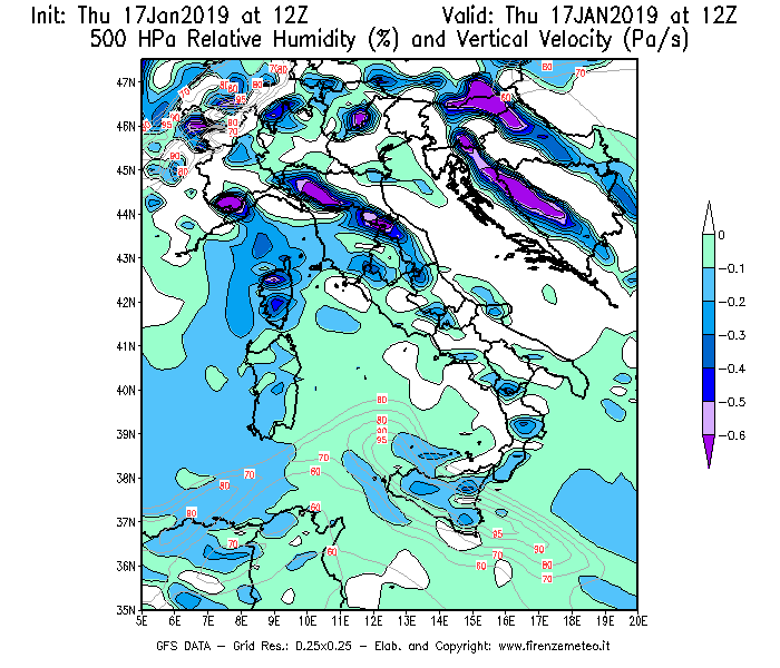 Mappa di analisi GFS - Umidità relativa [%] e Omega [Pa/s] a 500 hPa in Italia
							del 17/01/2019 12 <!--googleoff: index-->UTC<!--googleon: index-->