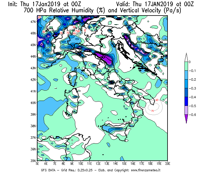 Mappa di analisi GFS - Umidità relativa [%] e Omega [Pa/s] a 700 hPa in Italia
							del 17/01/2019 00 <!--googleoff: index-->UTC<!--googleon: index-->
