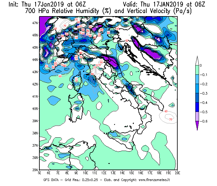 Mappa di analisi GFS - Umidità relativa [%] e Omega [Pa/s] a 700 hPa in Italia
									del 17/01/2019 06 <!--googleoff: index-->UTC<!--googleon: index-->