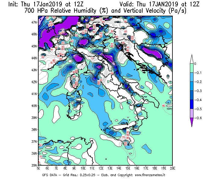 Mappa di analisi GFS - Umidità relativa [%] e Omega [Pa/s] a 700 hPa in Italia
							del 17/01/2019 12 <!--googleoff: index-->UTC<!--googleon: index-->