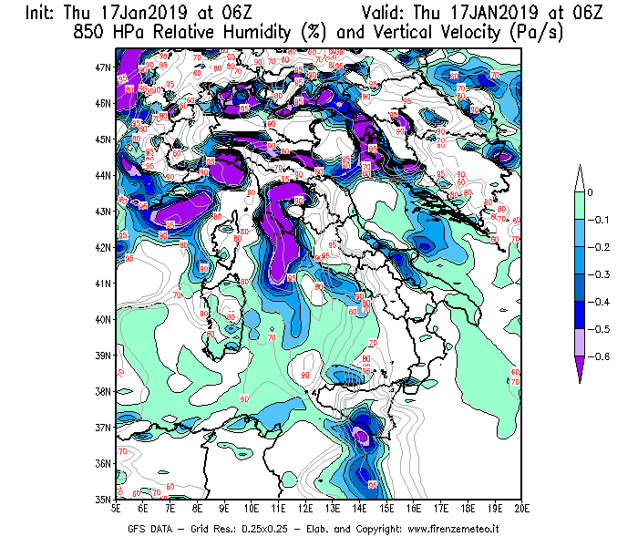 Mappa di analisi GFS - Umidità relativa [%] e Omega [Pa/s] a 850 hPa in Italia
									del 17/01/2019 06 <!--googleoff: index-->UTC<!--googleon: index-->