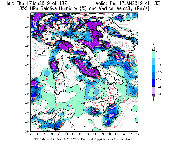 Mappa di analisi GFS - Umidità relativa [%] e Omega [Pa/s] a 850 hPa in Italia
									del 17/01/2019 18 <!--googleoff: index-->UTC<!--googleon: index-->