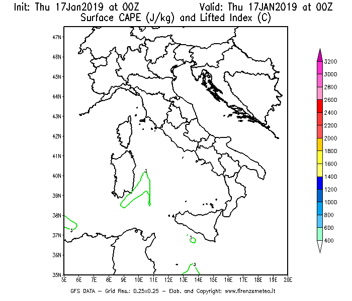 Mappa di analisi GFS - CAPE [J/kg] e Lifted Index [°C] in Italia
									del 17/01/2019 00 <!--googleoff: index-->UTC<!--googleon: index-->