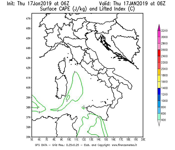 Mappa di analisi GFS - CAPE [J/kg] e Lifted Index [°C] in Italia
							del 17/01/2019 06 <!--googleoff: index-->UTC<!--googleon: index-->