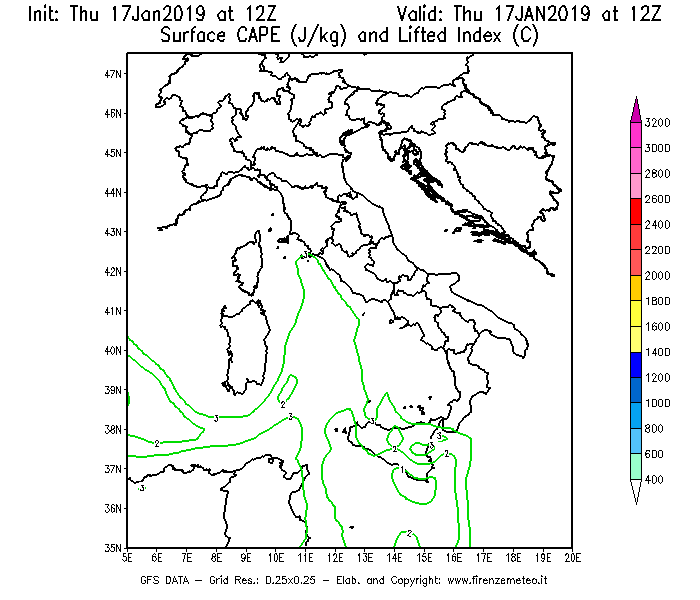 Mappa di analisi GFS - CAPE [J/kg] e Lifted Index [°C] in Italia
							del 17/01/2019 12 <!--googleoff: index-->UTC<!--googleon: index-->
