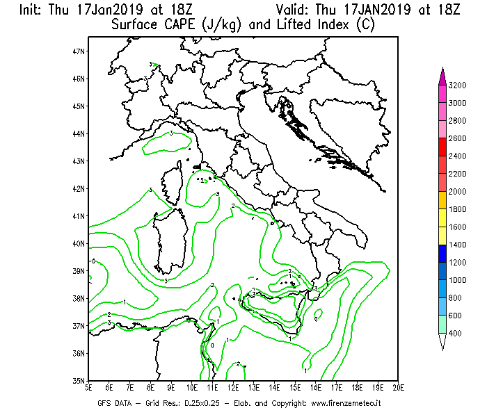 Mappa di analisi GFS - CAPE [J/kg] e Lifted Index [°C] in Italia
									del 17/01/2019 18 <!--googleoff: index-->UTC<!--googleon: index-->