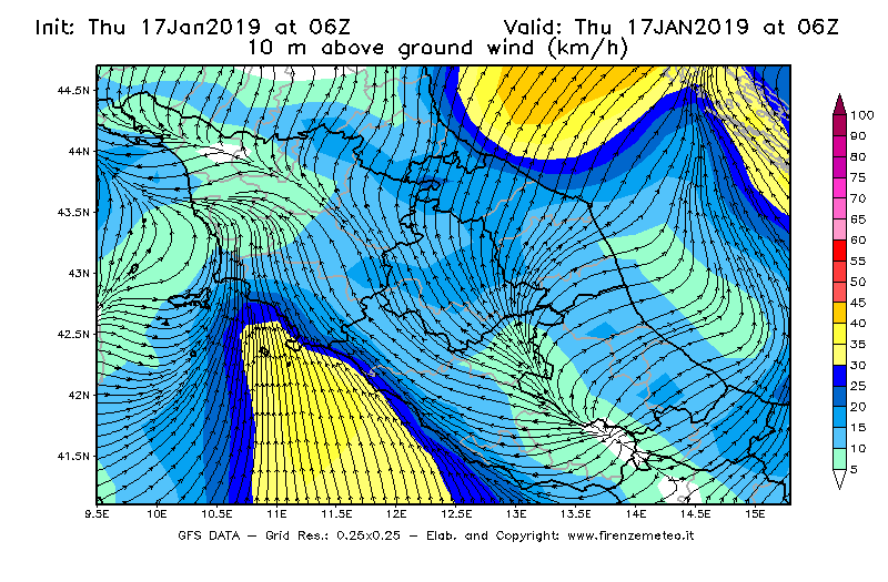 Mappa di analisi GFS - Velocità del vento a 10 metri dal suolo [km/h] in Centro-Italia
									del 17/01/2019 06 <!--googleoff: index-->UTC<!--googleon: index-->