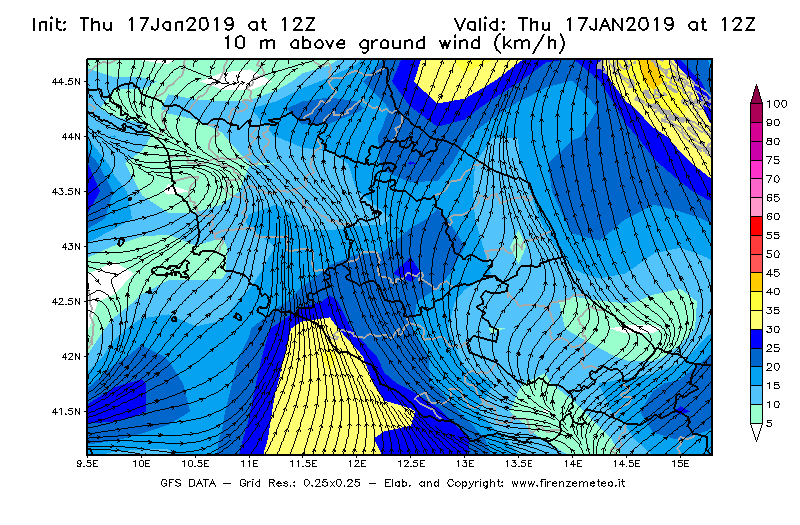 Mappa di analisi GFS - Velocità del vento a 10 metri dal suolo [km/h] in Centro-Italia
									del 17/01/2019 12 <!--googleoff: index-->UTC<!--googleon: index-->