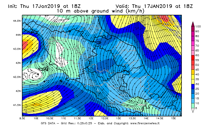 Mappa di analisi GFS - Velocità del vento a 10 metri dal suolo [km/h] in Centro-Italia
							del 17/01/2019 18 <!--googleoff: index-->UTC<!--googleon: index-->