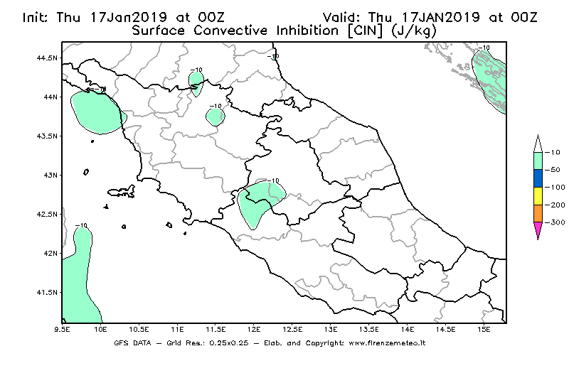 Mappa di analisi GFS - CIN [J/kg] in Centro-Italia
									del 17/01/2019 00 <!--googleoff: index-->UTC<!--googleon: index-->