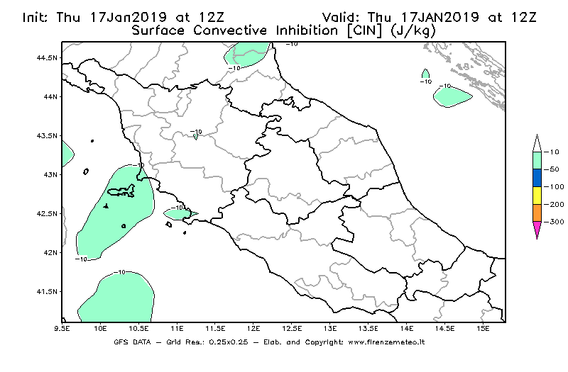 Mappa di analisi GFS - CIN [J/kg] in Centro-Italia
									del 17/01/2019 12 <!--googleoff: index-->UTC<!--googleon: index-->
