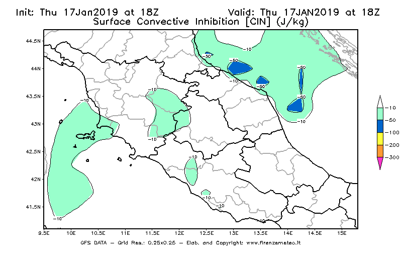 Mappa di analisi GFS - CIN [J/kg] in Centro-Italia
									del 17/01/2019 18 <!--googleoff: index-->UTC<!--googleon: index-->