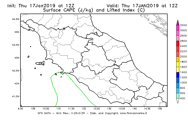 Mappa di analisi GFS - CAPE [J/kg] e Lifted Index [°C] in Centro-Italia
									del 17/01/2019 12 <!--googleoff: index-->UTC<!--googleon: index-->