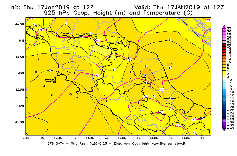 Mappa di analisi GFS - Geopotenziale [m] e Temperatura [°C] a 925 hPa in Centro-Italia
							del 17/01/2019 12 <!--googleoff: index-->UTC<!--googleon: index-->