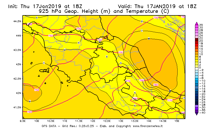 Mappa di analisi GFS - Geopotenziale [m] e Temperatura [°C] a 925 hPa in Centro-Italia
							del 17/01/2019 18 <!--googleoff: index-->UTC<!--googleon: index-->