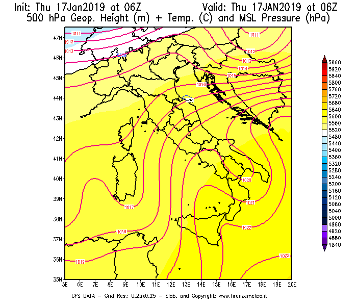 Mappa di analisi GFS - Geopotenziale [m] + Temp. [°C] a 500 hPa + Press. a livello del mare [hPa] in Italia
							del 17/01/2019 06 <!--googleoff: index-->UTC<!--googleon: index-->