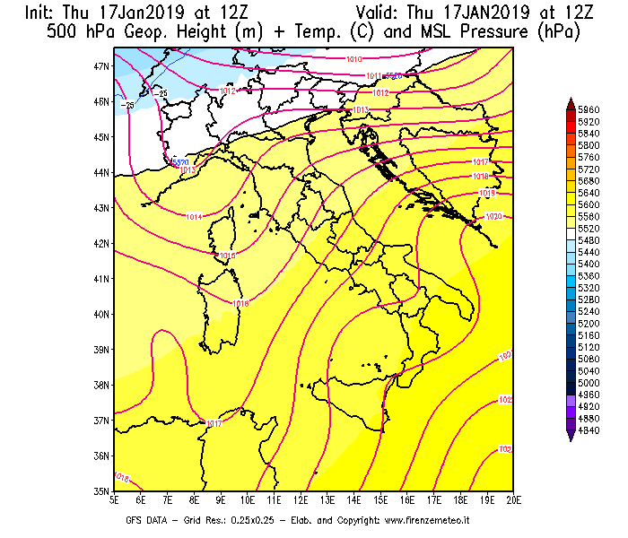 Mappa di analisi GFS - Geopotenziale [m] + Temp. [°C] a 500 hPa + Press. a livello del mare [hPa] in Italia
							del 17/01/2019 12 <!--googleoff: index-->UTC<!--googleon: index-->