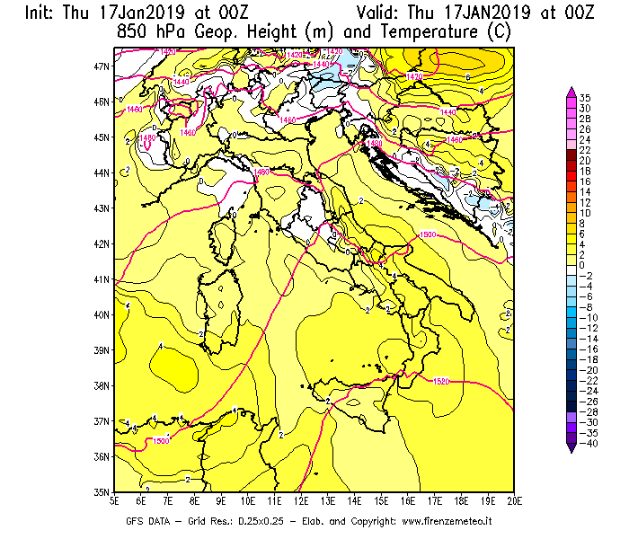 Mappa di analisi GFS - Geopotenziale [m] e Temperatura [°C] a 850 hPa in Italia
									del 17/01/2019 00 <!--googleoff: index-->UTC<!--googleon: index-->