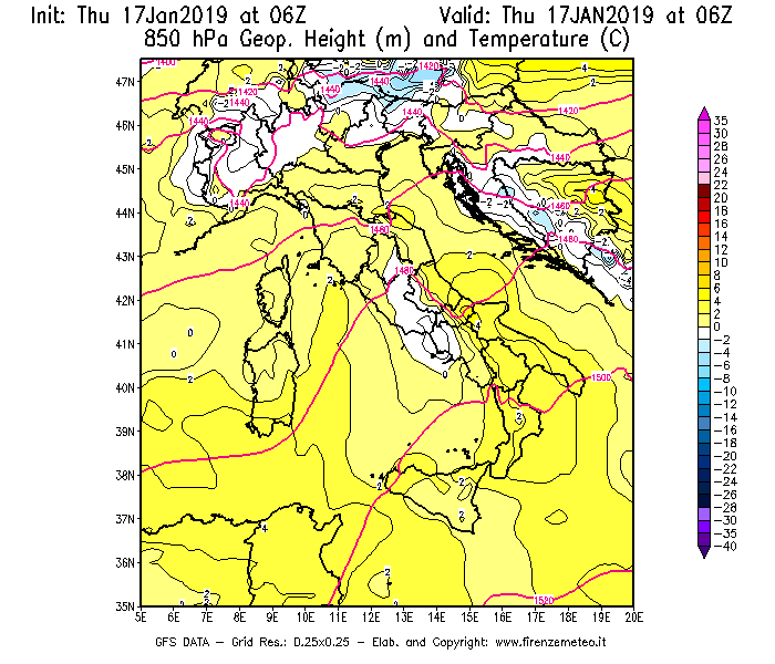 Mappa di analisi GFS - Geopotenziale [m] e Temperatura [°C] a 850 hPa in Italia
									del 17/01/2019 06 <!--googleoff: index-->UTC<!--googleon: index-->
