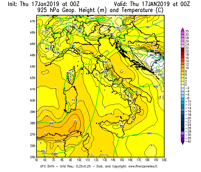 Mappa di analisi GFS - Geopotenziale [m] e Temperatura [°C] a 925 hPa in Italia
							del 17/01/2019 00 <!--googleoff: index-->UTC<!--googleon: index-->