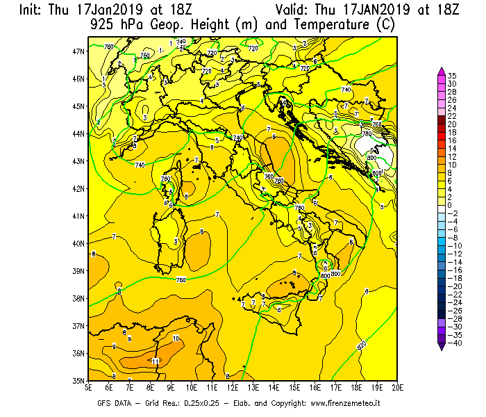 Mappa di analisi GFS - Geopotenziale [m] e Temperatura [°C] a 925 hPa in Italia
									del 17/01/2019 18 <!--googleoff: index-->UTC<!--googleon: index-->