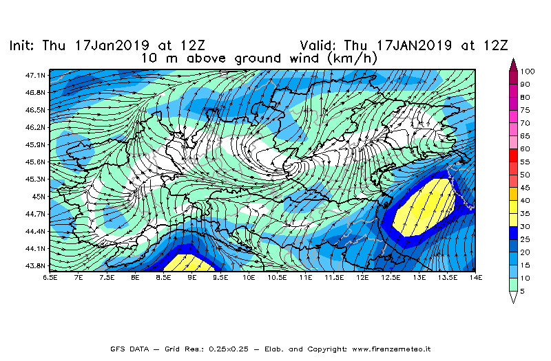 Mappa di analisi GFS - Velocità del vento a 10 metri dal suolo [km/h] in Nord-Italia
							del 17/01/2019 12 <!--googleoff: index-->UTC<!--googleon: index-->